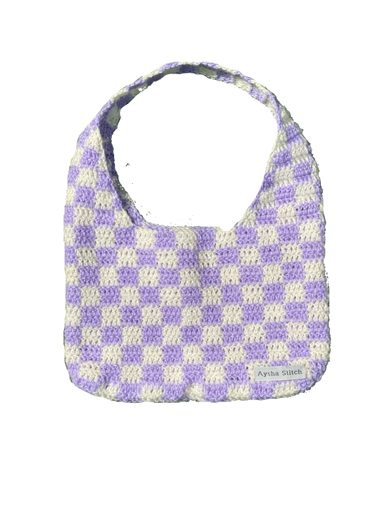 Aysha Stitch Check Pattern Bag - Purple & White