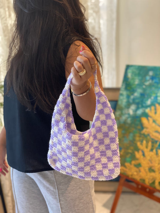 Aysha Stitch Check Pattern Bag - Purple & White