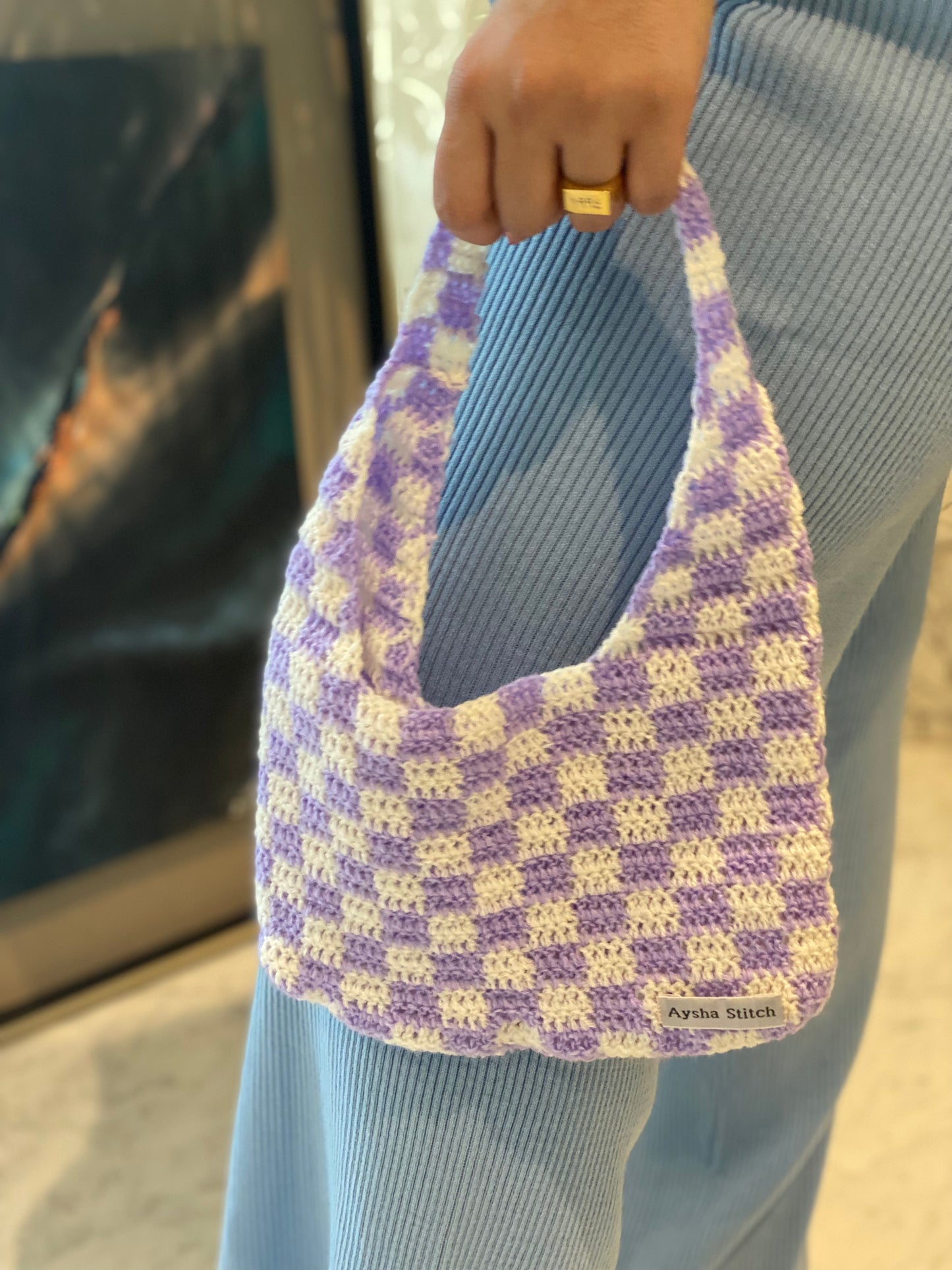 Aysha Stitch Check Pattern Bag - Purple & White