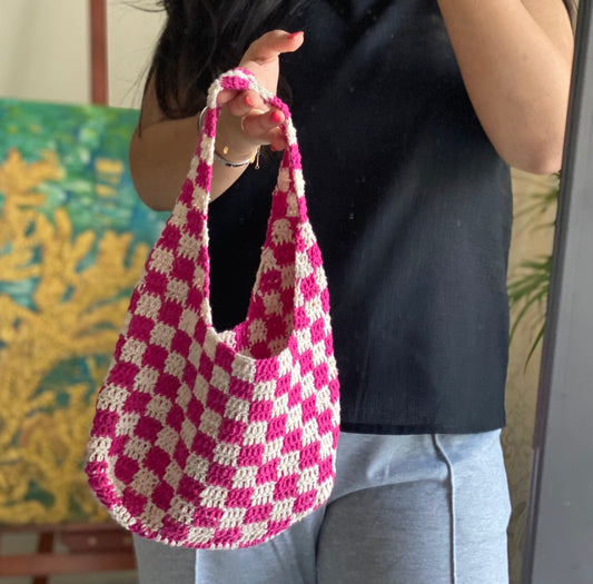 Aysha Stitch Check Pattern Bag - Pink & White